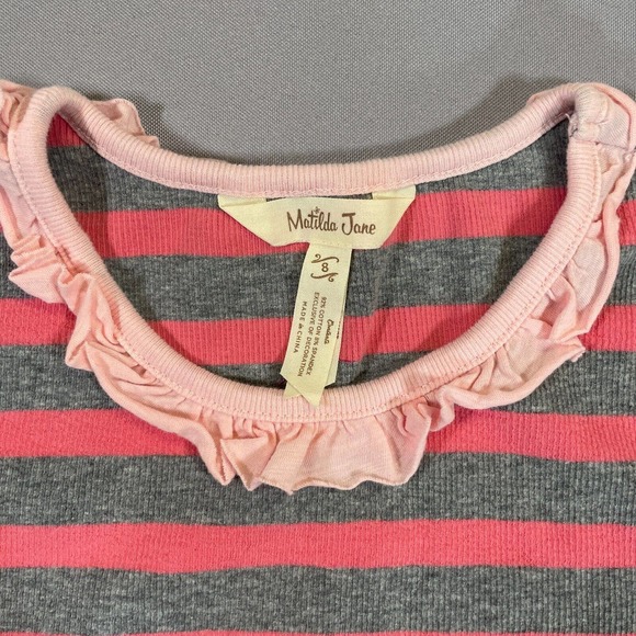 Matilda Jane Tank Top Girls Size 8 Travel Log Striped Gray and Pink Ruffled - Picture 5 of 7